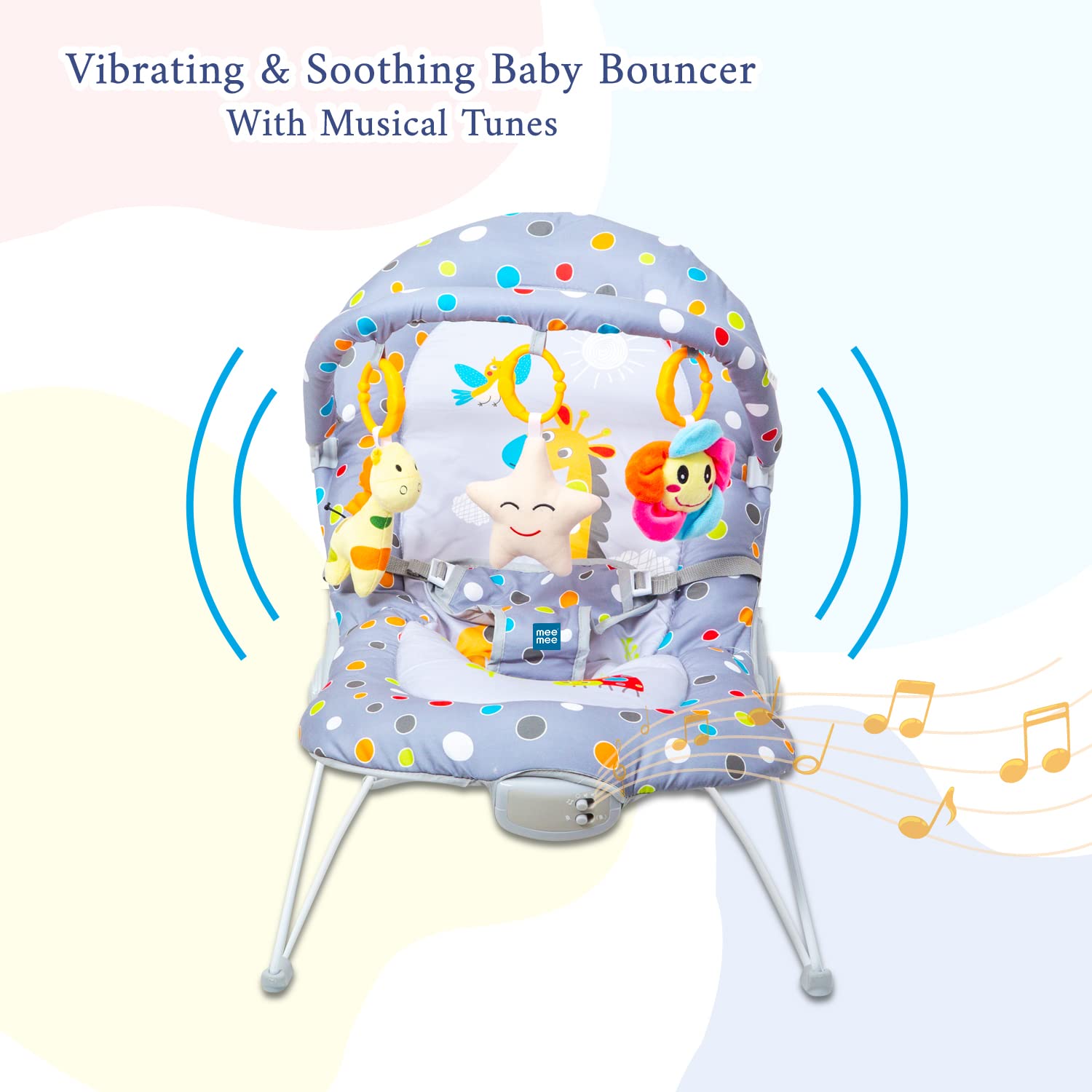 Mee-Mee-Vibrating-Soothing-Baby-Bouncer-Grey-ForeverBaby-Music